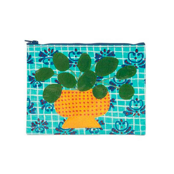 Cute zippered pouch with an image of a potted plant against a blue background