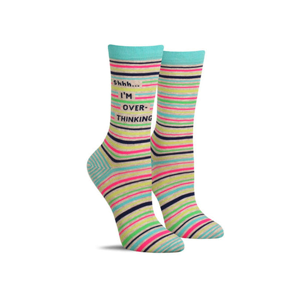 Funny women's socks with stripes and the words, "Shhh... I'm Overthinking"