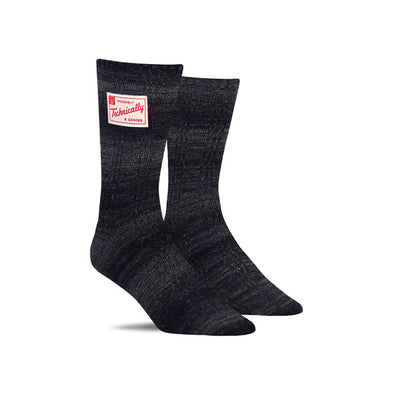 Alternate view of gray textured men's socks with a tag that says, “Probably technically a genius”