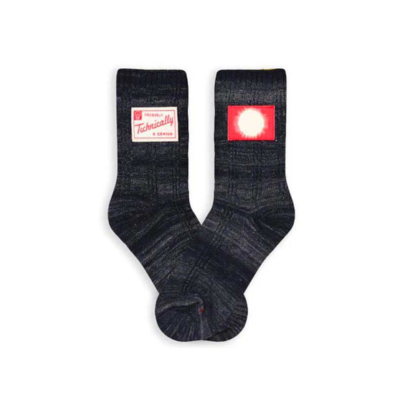 Gray textured women’s socks with a tag that says, “Probably technically a genius”