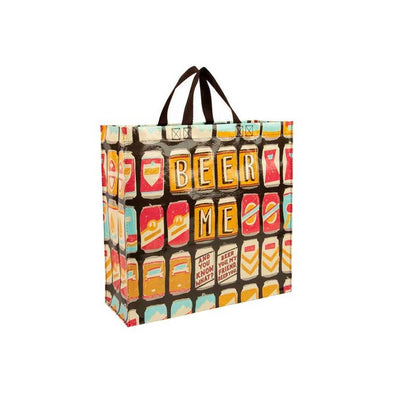Funny tote bag with beer cans and the words “Beer me ... And you know what? Beer you, my friend. Beer you”