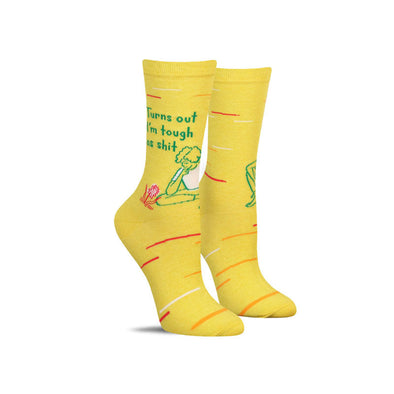 Bright yellow women’s socks that say, “Turns out I’m tough as shit”