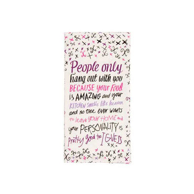 A funny, quirky dish towel with an illustrated message about how good your cooking is