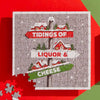 Funny holiday jigsaw puzzle with a signpost pointing to “tidings of” “liquor” and “cheese”