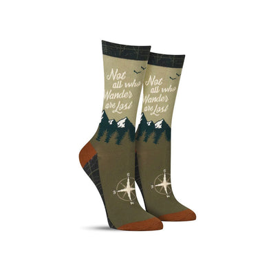 Women’s crew socks with mountains and the phrase “Not all who wander are lost”
