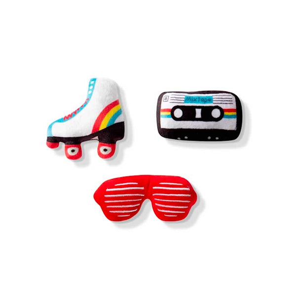 Unique 3-piece dog toy set in the shape of a roller skate, shutter shades and a cassette tape