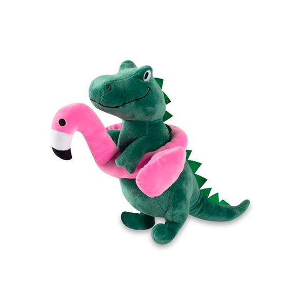 Cute interactive dog toy shaped like an alligator wearing a flamingo floatie
