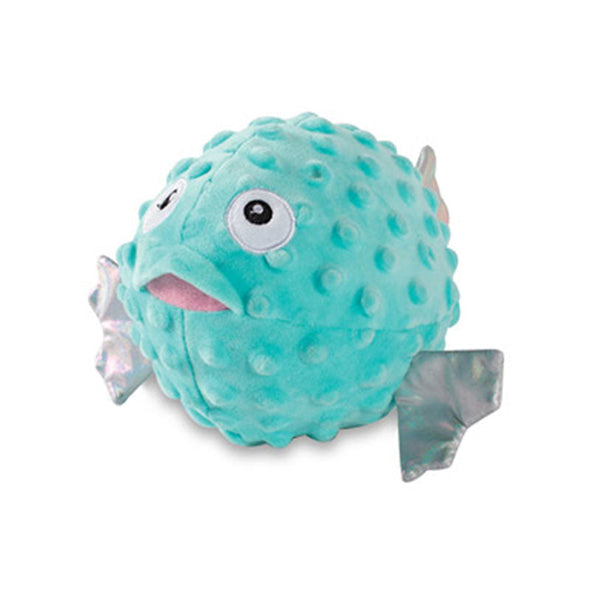 Cute interactive plush dog toy shaped like a puffer fish