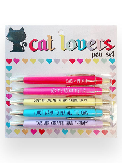 Funny set of five pens with phrases about cats