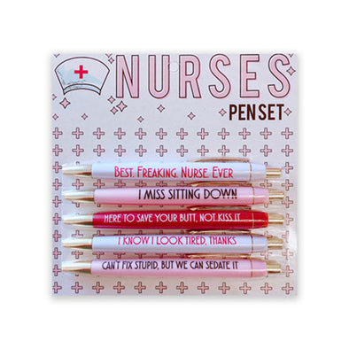 Set of five funny pens with phrases about nurses