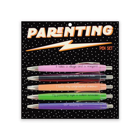 Funny set of five pens with sayings about parenting