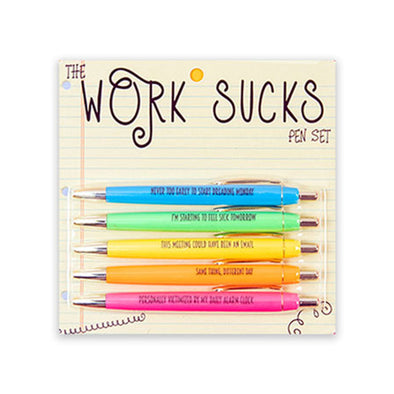 Set of five pens with snarky sayings about work