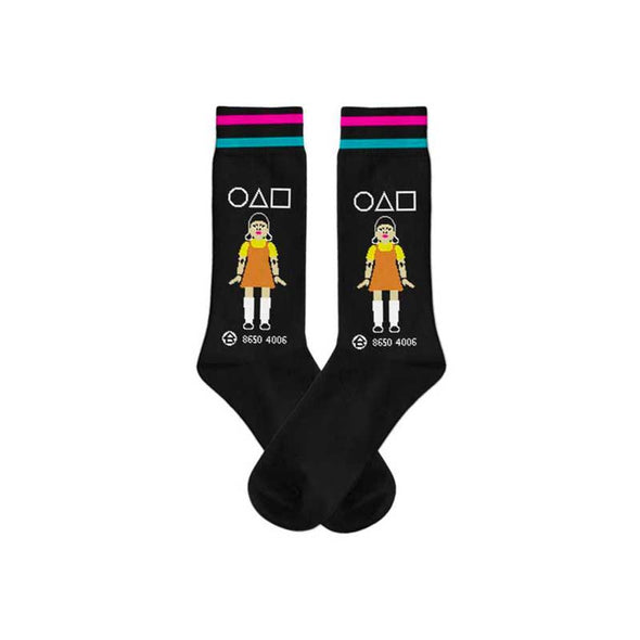 Crazy unisex socks with the giant doll from the TV show Squid Game