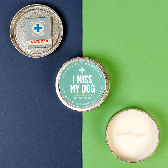 colorful view of funny candle tin that says, "I miss my dog"