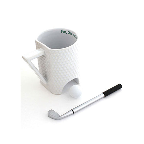 Funny coffee mug that’s dimpled like a golf ball and can be used for putting practice