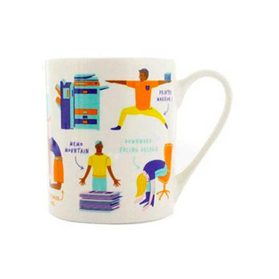 Funny mug with illustrations of funny office-themed yoga poses