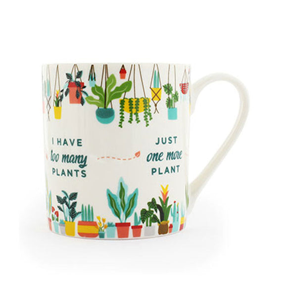 Colorful coffee mug with drawings of plants and the thought cycle of a plant addict