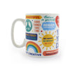 Colorful coffee mug with many inspirational quotes like “Dream big” and “You got this”