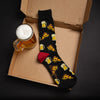 Cool XL men's socks with pizza slices and mugs of beer, lying in a pizza box next to a beer