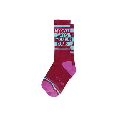 Funny cat socks with the words "My cat says you're dumb"