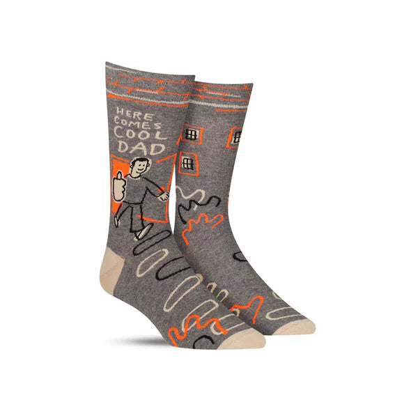 Funny men’s socks that say, “Here comes Cool Dad” and have a man flashing a thumbs-up