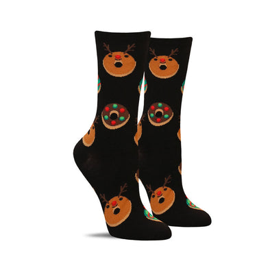 cute holiday socks with donuts that have decorations and reindeer antlers