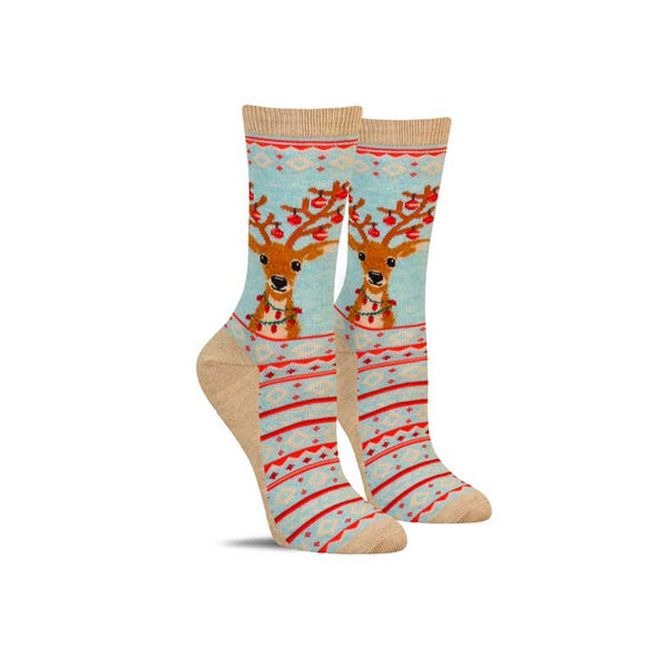 Cute women’s non-skid Christmas socks with a reindeer wearing Christmas lights and ornaments on his antlers