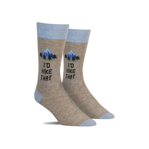 Cool men’s hiking socks with a mountain peak, pine trees and the words “I’d hike that”