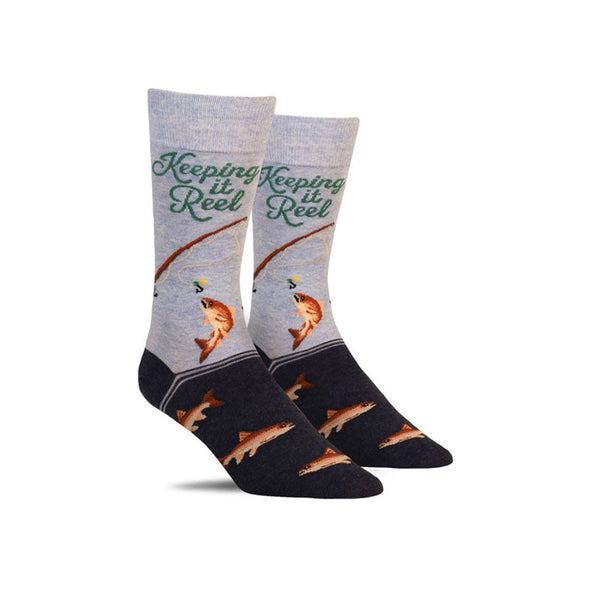 Fun men’s sport socks with fish, a fishing rod, and the words “keeping it reel”