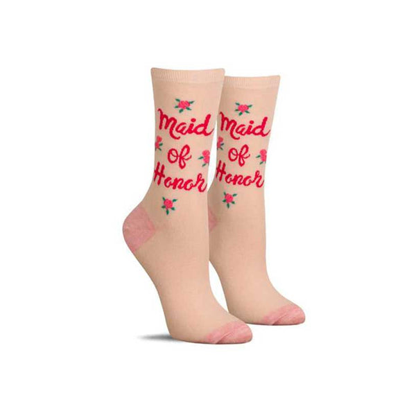 Cute women’s wedding socks with the words “Maid of Honor” and roses