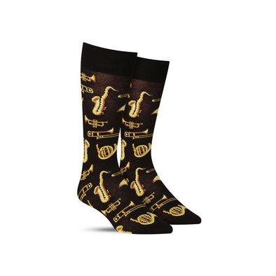 Cool jazz music socks for men, with trumpets, saxophones and other instruments