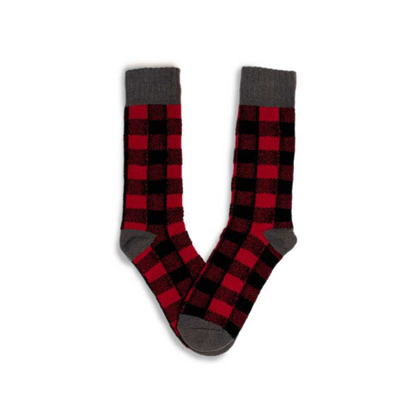 Cool boot socks for men in a red plaid pattern