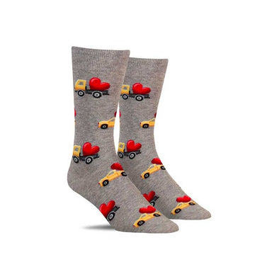 Fun men’s Valentine’s Day socks with flatbed trucks carrying red hearts