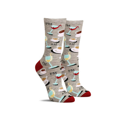Cute women’s food socks cups of coffee, glasses of wine and the words “AM” and “PM”