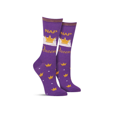 Funny women’s crew socks that say, “Nap Queen” and have gold crowns