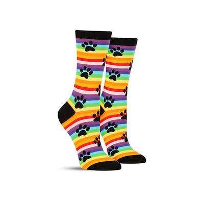 Colorful novelty Rainbow Paw Prints socks for women, in black