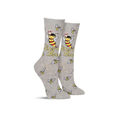 Cool women’s socks that say “Queen Bee” and have a bee with a crown
