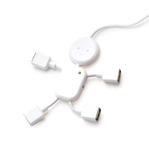 USB charger shaped like a person, with USB ports at the end of their arms and legs