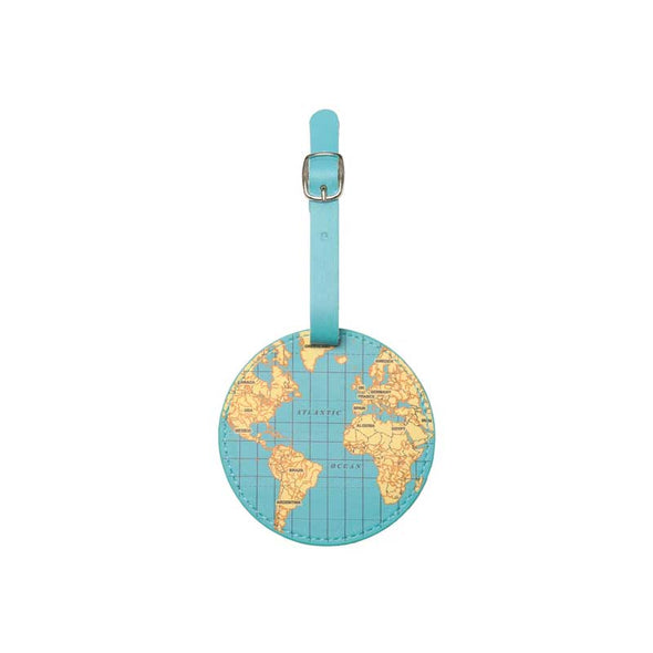Luggage tag shaped like a globe with a map of the world