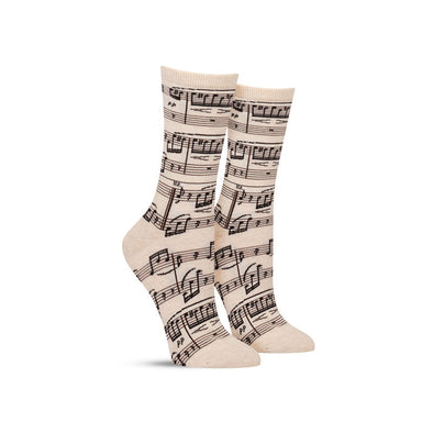 Women’s music socks in white with a pattern of sheet music and musical notes