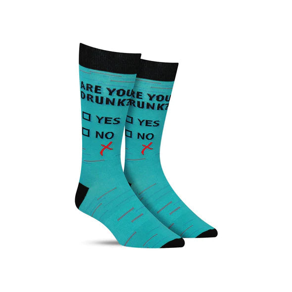 Funny men’s socks that say “Are you drunk?” with boxes to check “Yes” or “No” and a check mark that missed both boxes