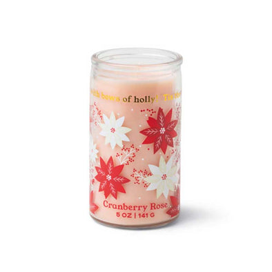 Scented, glass holiday candle with a design of poinsettias and cranberries