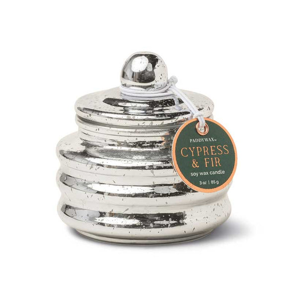 Small scented candle in a silver mercury glass container