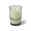 Glass, scented holiday candle with an etched design of stars