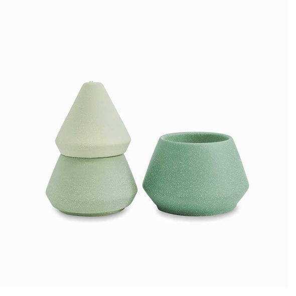 Stackable green ceramic Christmas tree, unstacked to reveal inner candle.