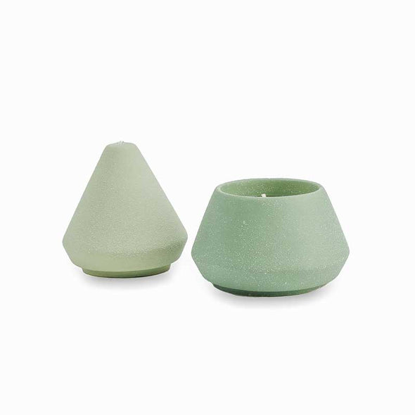 Stackable green ceramic Christmas tree, unstacked to reveal inner candle.