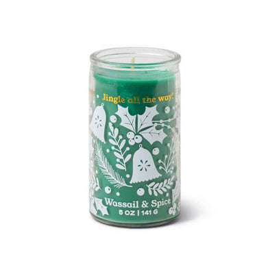 Scented, glass holiday candle with a design of mistletoe, bells, and fir leaves