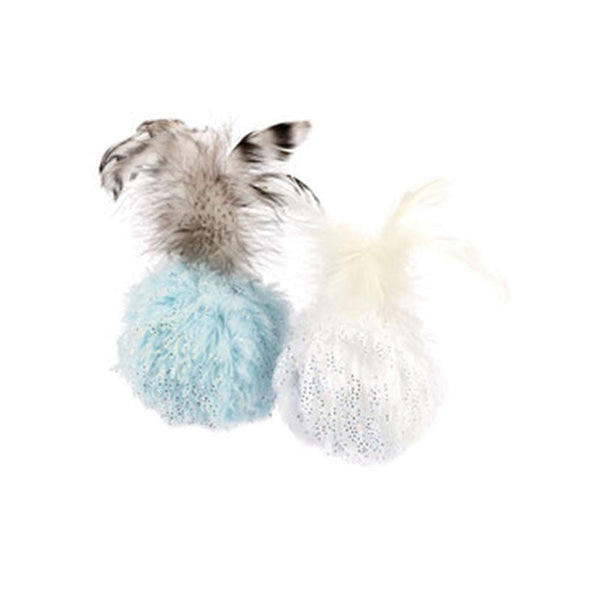 Multi-textured interactive cat toy shaped like a fluffy ball of feathers