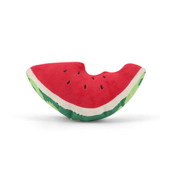 Cute, interactive plush dog toy shaped like a slice of watermelon