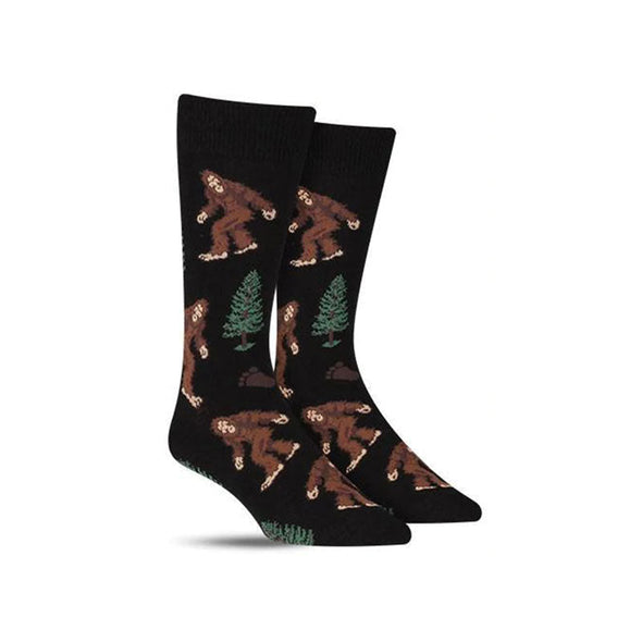 Fun men's animal socks with images of bigfoot and pine trees